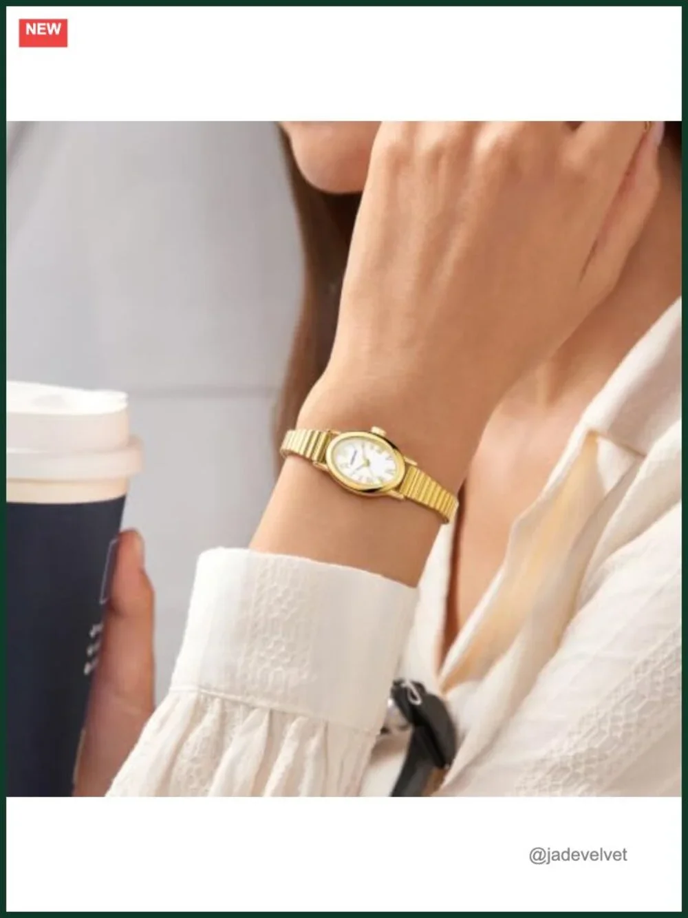 Dainty Oval Gold-Tone Watch with Stainless Steel Expansion Band and Roman Dial